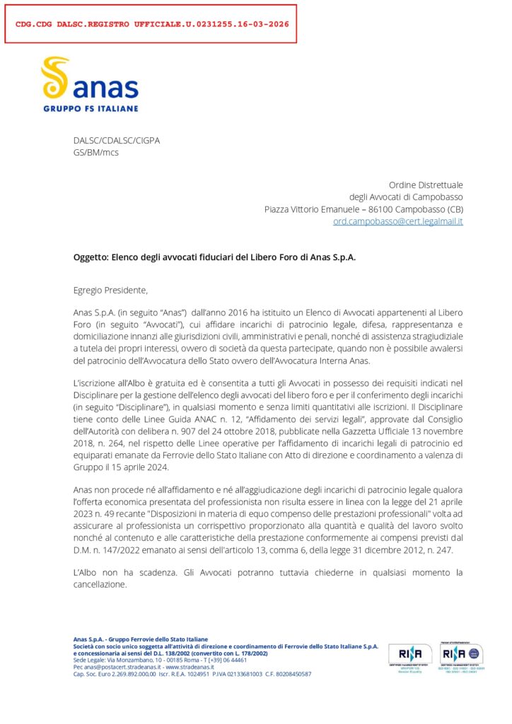 Direzione Generale Elenco degli avvocati fiduciari del Libero Foro di Anas S.p.A.