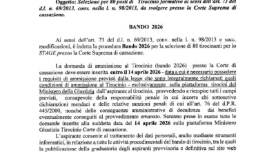 Bando per la selezione di 80 tirocinanti presso la Corte Suprema di Cassazione (art. 73 d.l. 69/2013, convertito dalla l. n. 98/2013 e successive modificazioni).