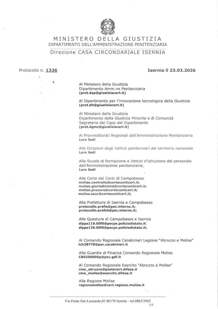 Avvio protocollo “Prodigius” presso il Provveditorato Regionale dell”Amministrazione Penitenziaria per la Casa Circondariale di Isernia – (cod AOO DAPFF19)