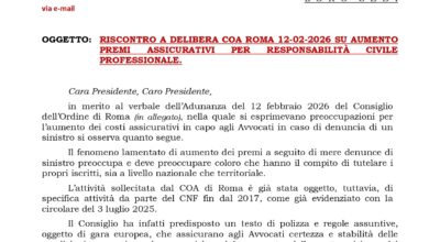 RISCONTRO A DELIBERA COA ROMA 12-02-2026 SU AUMENTO PREMI ASSICURATIVI PER RESPONSABILITÀ CIVILE PROFESSIONALE