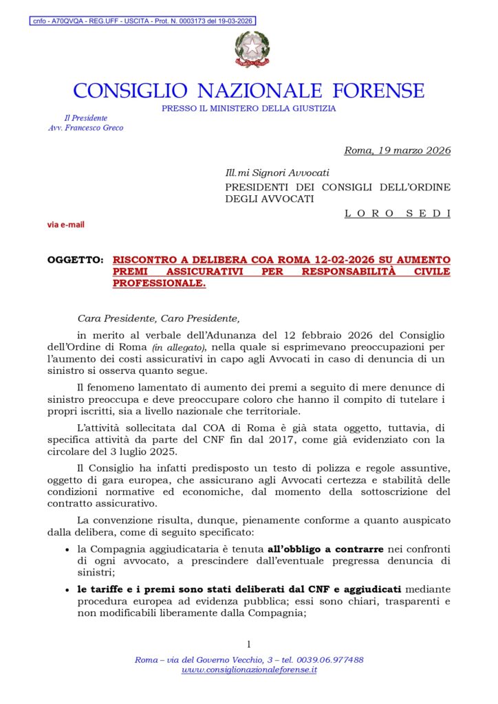 RISCONTRO A DELIBERA COA ROMA 12-02-2026 SU AUMENTO PREMI ASSICURATIVI PER RESPONSABILITÀ CIVILE PROFESSIONALE