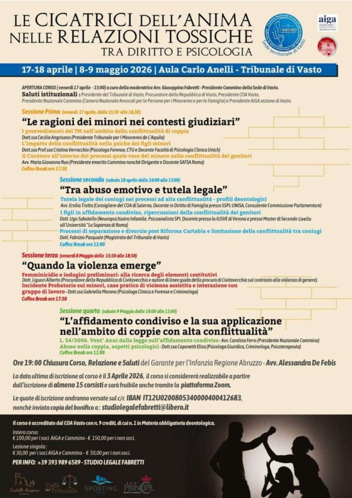Corso di autoformazione in Diritto di famiglia “Le cicatrici dell’anima nelle relazioni tossiche – tra diritto e psicologia”