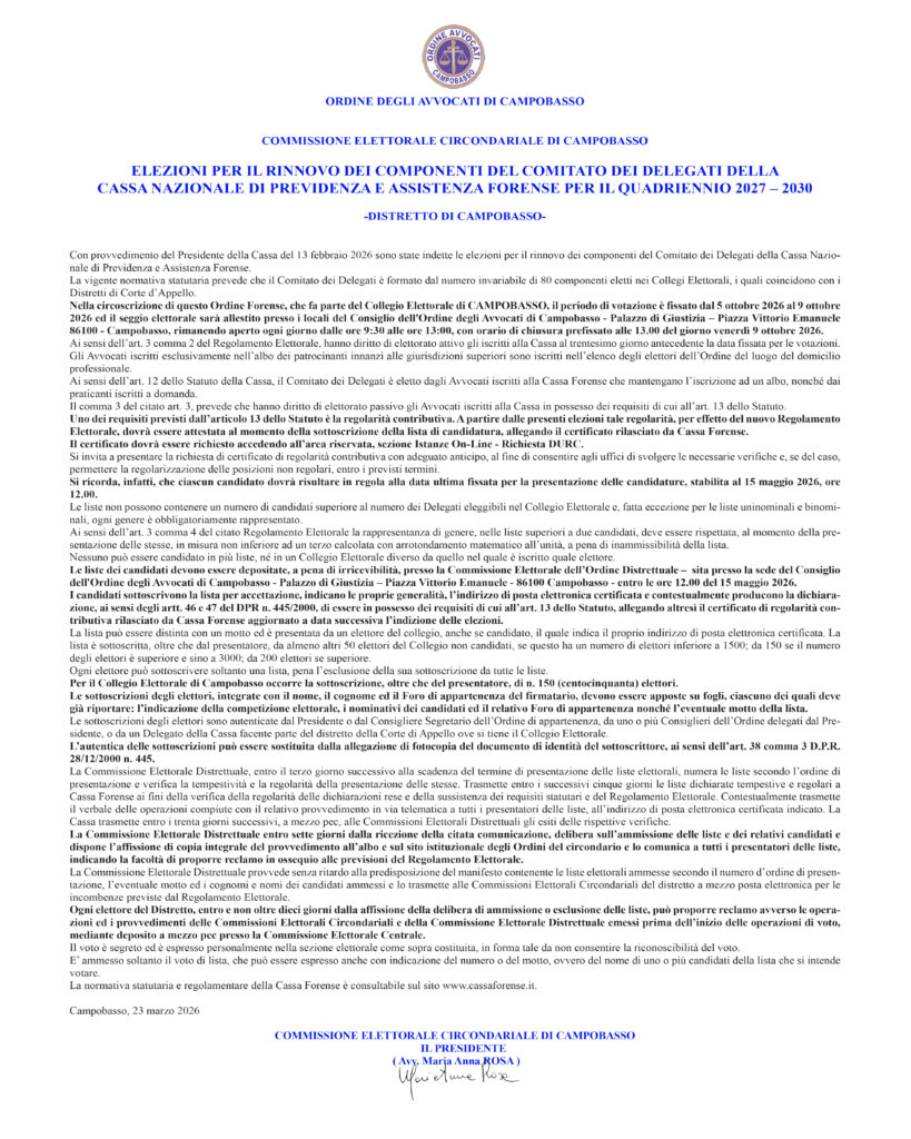 Elezioni per il rinnovo dei componenti del Comitato dei Delegati della Cassa Nazionale di Previdenza e Assistenza Forenze per il quadriennio 2027-2030.