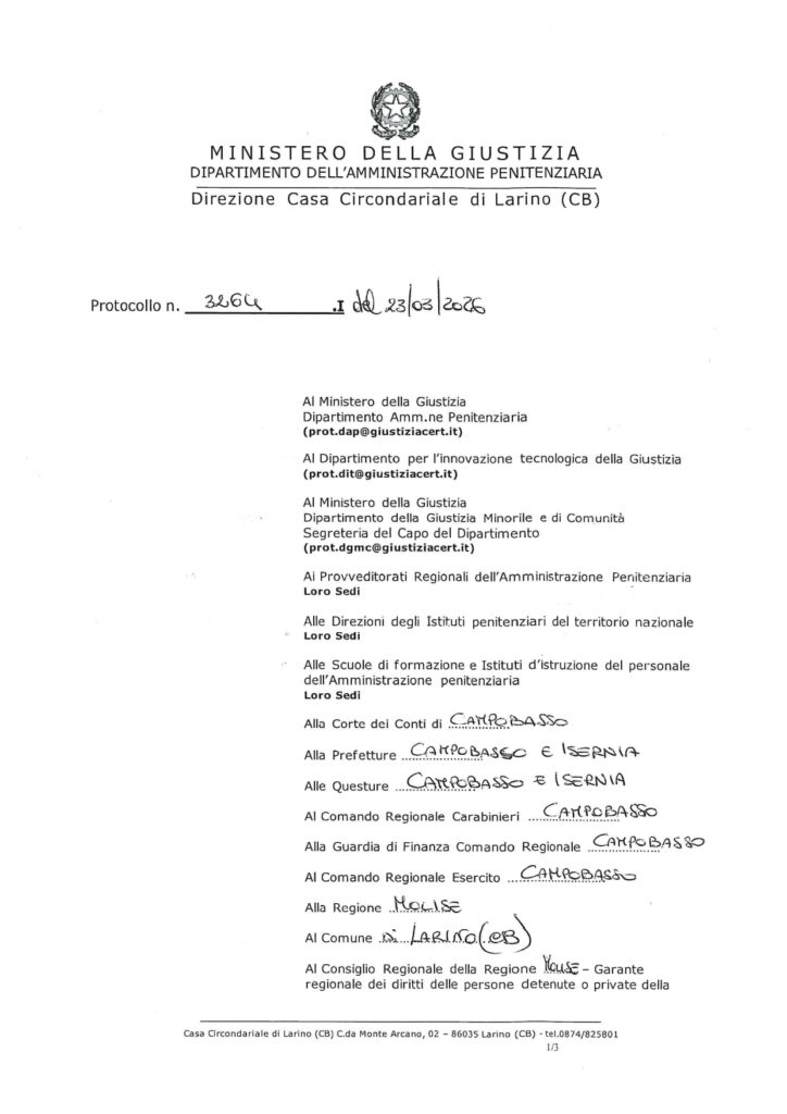 Avvio protocollo “Prodigius” presso il Provveditorato Regionale dell”Amministrazione Penitenziaria per la Casa Circondariale di Larino (CB) – (cod AOO A92AF00)