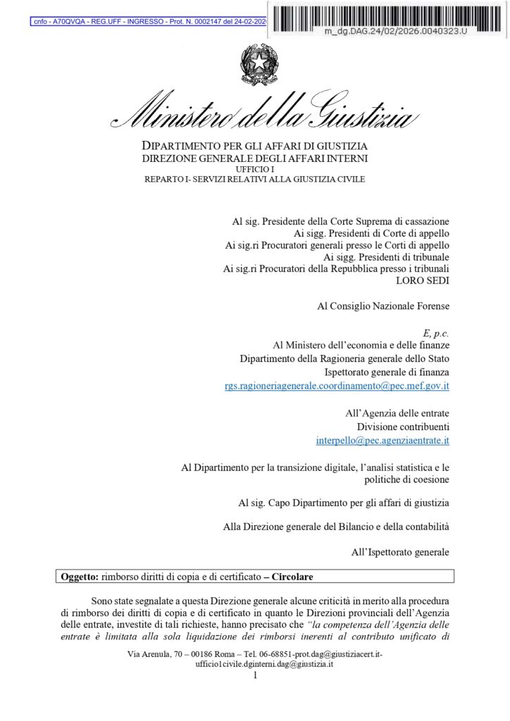 MINISTERO DELLA GIUSTIZIA – CIRCOLARE DAG SU “Rimborso diritti di copia e di certificato”.
