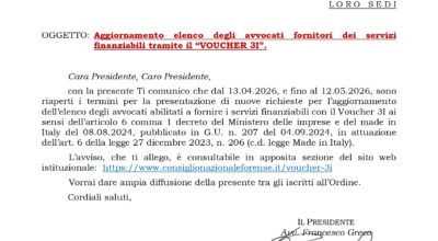 Aggiornamento elenco degli avvocati fornitori dei servizi finanziabili tramite il “VOUCHER 3I”