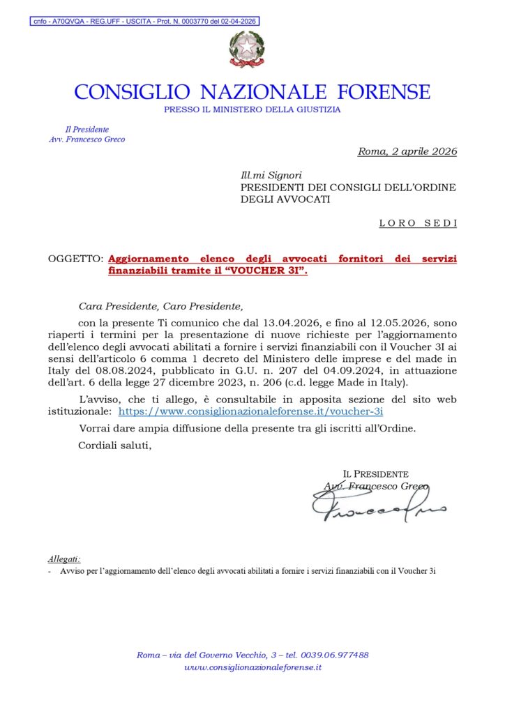 Aggiornamento elenco degli avvocati fornitori dei servizi finanziabili tramite il “VOUCHER 3I”