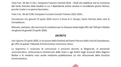 Decreto presidenziale n. 16/2026 – chiusura uffici Tar del Molise.