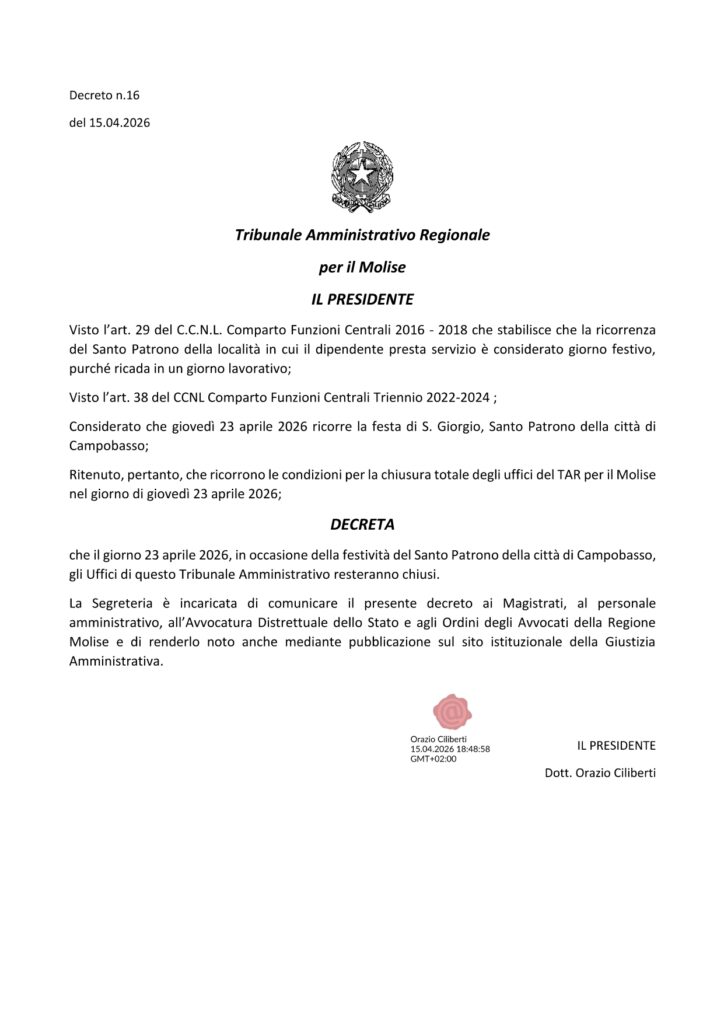 Decreto presidenziale n. 16/2026 – chiusura uffici Tar del Molise.