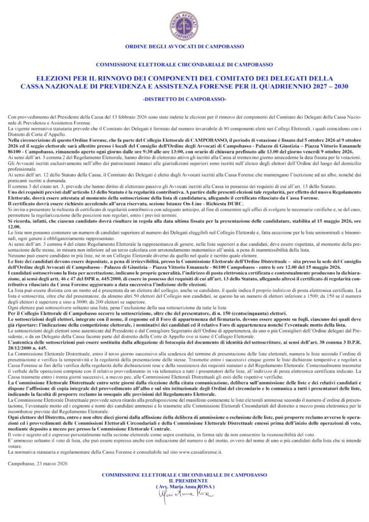 Elezioni per il rinnovo dei componenti del Comitato dei Delegati della Cassa Nazionale di Previdenza e Assistenza Forenze per il quadriennio 2027-2030.