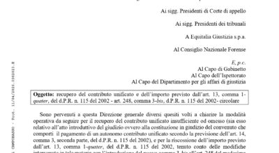 Recupero del contributo unificato e dell’importo previsto dall’art. 13, comma 1-quater, del d.P.R. n. 115 del 2002 – art. 248, comma 3-bis, d.P.R. n. 115 del 2002- circolare