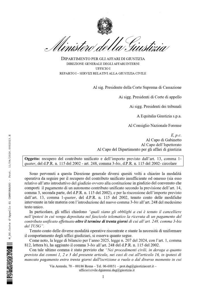 Recupero del contributo unificato e dell’importo previsto dall’art. 13, comma 1-quater, del d.P.R. n. 115 del 2002 – art. 248, comma 3-bis, d.P.R. n. 115 del 2002- circolare