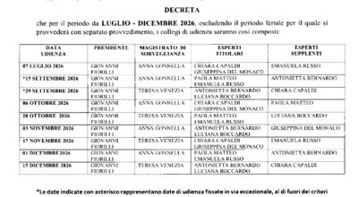 Decreto n. 4 del 15.04.2026: calendario udienze collegiali periodo luglio – dicembre 2026.