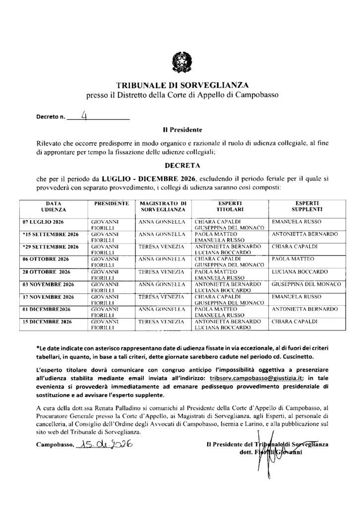 Decreto n. 4 del 15.04.2026: calendario udienze collegiali periodo luglio – dicembre 2026.