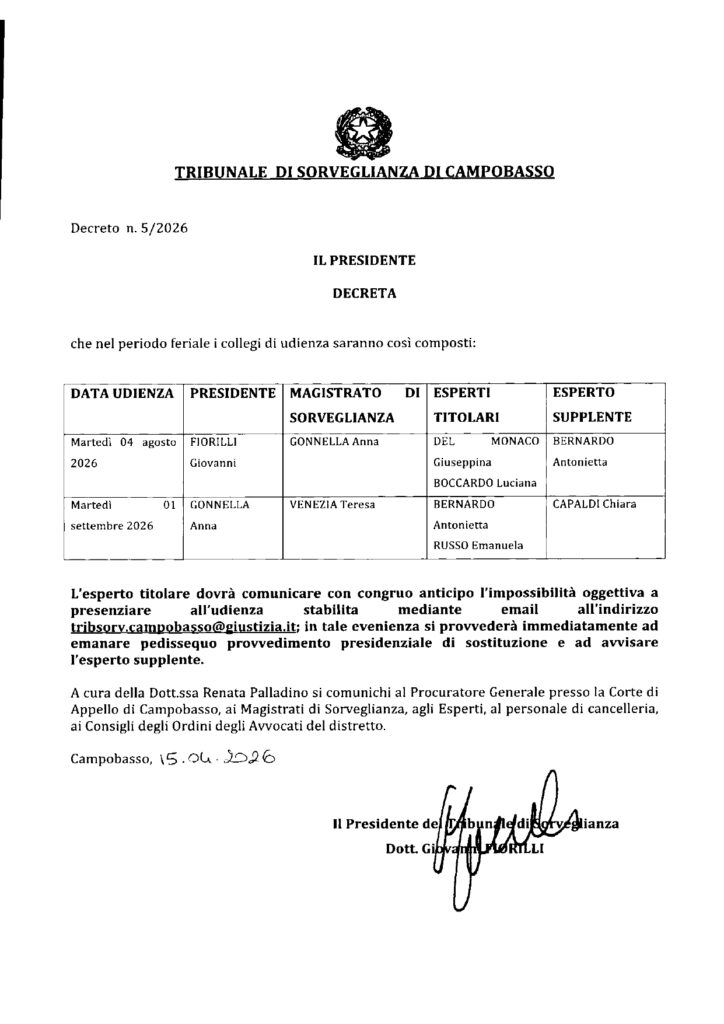 Decreto n. 5 del 15.04.2026: calendario udienze collegiali periodo feriale 2026.