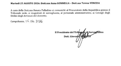 Decreto n. 6 del 15.04.2026: calendario udienze monocratiche periodo feriale 2026.