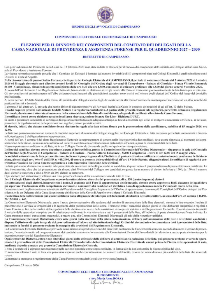 Elezioni per il rinnovo dei componenti del Comitato dei Delegati della Cassa Nazionale di Previdenza e Assistenza Forenze per il quadriennio 2027-2030.